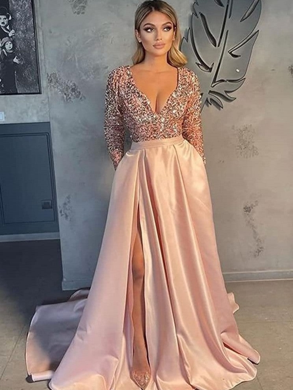 Elegant Long Sleeve Sequin & Satin Evening Gown in Blush Pink